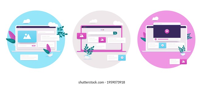 Online marketing illustrations - Set of vector illustrations with computer screen with social media, search engine and video display.