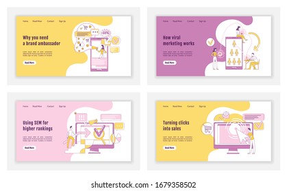 Online marketing landing page flat silhouette vector template set. Advertising business homepage layout. E marketing one page website interface with cartoon outline character. Web banner, webpage