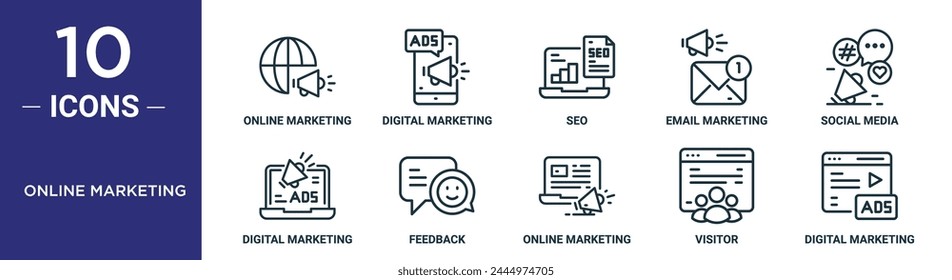 online marketing outline icon set includes thin line online marketing, digital marketing, seo, email social media, digital feedback icons for report, presentation, diagram, web design