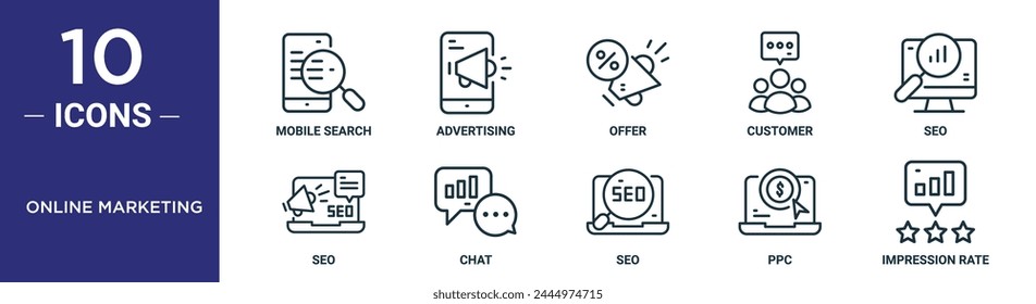 online marketing outline icon set includes thin line mobile search, advertising, offer, customer, seo, seo, chat icons for report, presentation, diagram, web design