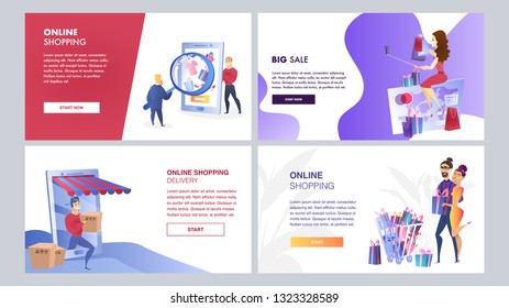 Online Marketing Set of Vector Color Templates. Mass Media, Online Shopping, Search engine, Customer Retention Walkthrough Steps Flat Illustration. Online Advertising Strategy. UX, UI Interface