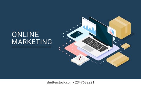 online marketing, online shopping with laptop, product shipping packing, online shipping, graph analysis, online delivery, smartphone, mobile phone, packaging. vector illustration