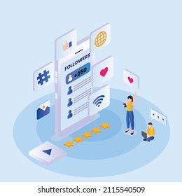 Online marketing with social media isometric 3d vector concept for banner, website, illustration, landing page, flyer, etc.