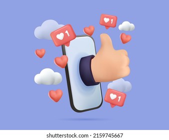 Online marketing Social media. Like, smile and thumb up hand icons. Marketing promotion, business, modern 3d like icon. Hand from smartphone, Isolated on background. Digital Advertising Campaign