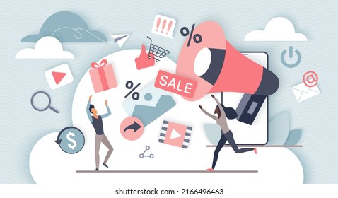Online marketing strategy. Tiny people customers with megaphone generation of gifts, positive reviews, discount sign and email advertising 3d flat vector illustration. Sales announcement concept