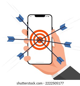 Online marketing targets smartphone users. Smartphone with a dartboard on the screen. Vector illustration.