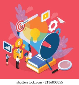 Online marketing teamwork isometric 3d vector concept for banner, website, illustration, landing page, flyer, etc.