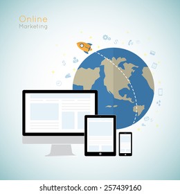 on-line marketing with technology concept, vector illustration