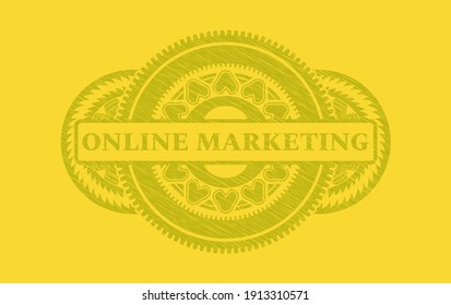 Online marketing text inside Yellow stroke realistic emblem. Lemon fashionable background. Illustration. 