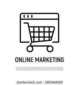 Online marketing thin line icon. Web page with shopping cart. Online strategy for promotion. Vector illustration.