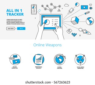 Online marketing & tracking tools. Linear infographic style banners for website.