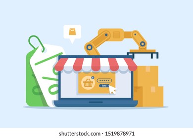 Online Marketing vector illustration. Internet business process,Mobile marketing , e-marketing, E-commerce