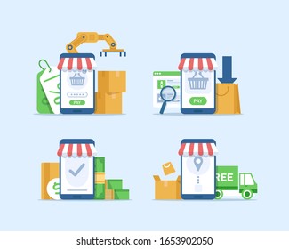 Online Marketing vector illustration. Internet business process,Mobile marketing , e-marketing, E-commerce