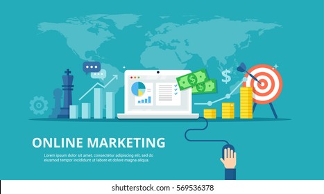 Online Marketing vector illustration. Internet business process - abstract banner in flat style. Concept of strategy, analytics, successful result and profit growth.