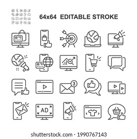 Online Marketing Vector Line Icons Set. Editable Stroke, 64x64 Pixel Perfect.