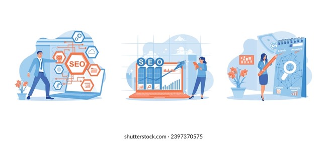 Marketing en línea vía sitio web. Optimización del sitio web. Desarrollo de negocios en Internet. concepto SEO. establecer tendencia moderna vector de ilustración plana