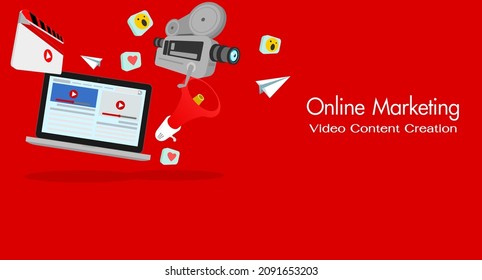 online marketing Video content creation. 3D vector illustration. Online advertising.3D objects on a red background