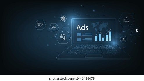 Concepto de marketing en línea y publicidad en sitios web. Análisis de estrategia de marketing digital para la promoción de productos o servicios a través de canales digitales sobre un fondo azul oscuro.