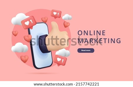 Online marketing, website template. Social media. Like, smile and thumb up hand icons. Marketing promotion, business concept, modern 3d like icon. Hand from smartphone, Isolated on background. Vector