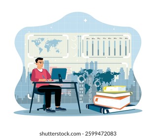 Online marketing. Young businessman working on computer and taking notes in notebook. Graphs and diagrams on screen. Flat vector illustration.
