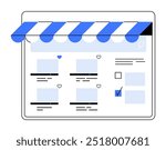 Online marketplace with a blue and white awning, product listings, heart icons, and a checkmark. Ideal for e-commerce, online shopping, web design, retail, and digital marketing visuals. Flat vector s