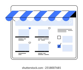 Mercado en línea con un toldo azul y blanco, listados de productos, iconos de corazón y una marca de verificación. Ideal para comercio electrónico, compras en línea, Diseño web, venta minorista y marketing digital. Vector plano s