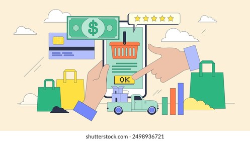 Mercado en línea y plataforma de comercio electrónico concepto de neutralismo de personas pequeñas. Tienda de Web con sistema de pago digital, catálogo de productos y Ilustración vectorial de Comentarios Cliente. Gestión de pedidos de venta.