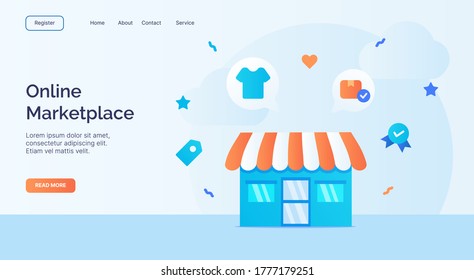 Online Marketplace Exterior Facade Store Icon Campaign For Web Website Home Homepage Landing Template Banner With Cartoon Flat Style.