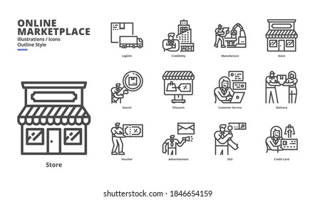 Online Marketplace icon set for digital media and printing media.