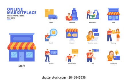 Online Marketplace Icon Set For Digital Media And Printing Media.