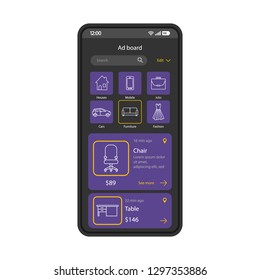 Online marketplace smartphone interface vector template. Mobile shopping app page black design layout. Ad board, e-commerce application screen. Flat UI. Selling, purchasing platform phone display