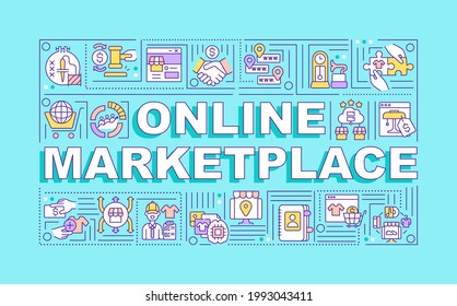 Online marketplace word concepts banner. Remote business. Infographics with linear icons on cyan background. Isolated creative typography. Vector outline color illustration with text