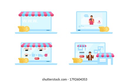 Online-Märkte flache Farbe Vektorobjekte Set. E-Commerce. Werbung. Ebusiness. Internet-Marktplatz, einzelne Cartoon-Illustration für Web-Grafik-Design und Animation-Kollektion