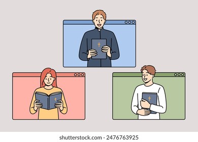 Online mass of priest reading bible with believers looking out of computer windows. People study christian and catholic or orthodox religion and prayer through remote mass on internet