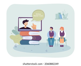 Clase maestra en línea con estudiantes y tutores en pantalla telefónica. Pequeños niños estudiando de la ilustración de un vector plano en casa. Educación, concepto de cursos en línea para banner, diseño de sitios web o página web de inicio