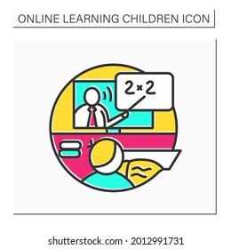 Icono de color matemático en línea. Clase de matemáticas en línea. La educación digital y el concepto de aprendizaje a nivel mundial. Clases de escuela web y enseñanza a distancia. Ilustración vectorial aislada
