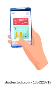 Online math course. Learning geometry via the internet. Education and knowledge. Science, technology, mathematics course. Mobile phone with the triangle image and graph with statistics in hand