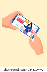 Online math course. Learning geometry via the internet. Education and knowledge. Teacher explains new topic on a phone screen. Mobile phone with the triangle image and graph with statistics in hand