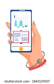 Online math course. Learning geometry via the internet. Education at a distance. Science, technology concept. Mobile phone with the mathematics textbook image and graph with statistics in hand