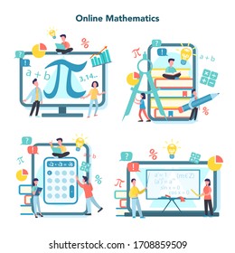 Online math course set. Learning mathematics in internet, idea of distance education and knowledge. Science, technology, engineering, mathematics education. Isolated flat vector illustration