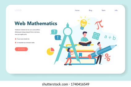 Online math course web banner or landing page. Learning mathematics in internet, idea of distance education and knowledge. Isolated flat vector illustration