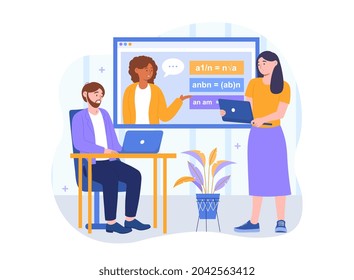 Online math courses concept. Man and woman watch webinar on algebra using laptops. Teacher explains topic via video link. Cartoon contemporary flat vector illustration isolated on white background