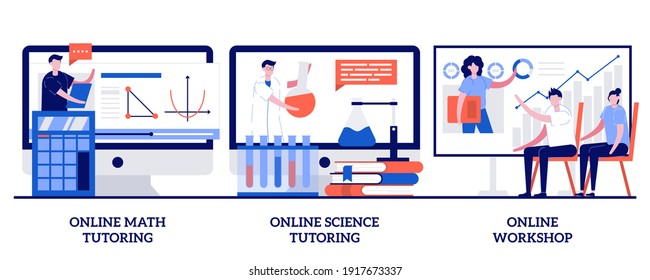 Tutorías en línea de matemáticas y ciencias, concepto de taller en línea con gente pequeña. Conjunto de ilustraciones vectoriales de aprendizaje personalizado. Homeschooling, plataforma educativa, clases de video, metáfora de clase maestra.