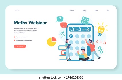 Online math webinar web banner or landing page. Learning mathematics in internet, idea of distance education and knowledge. Isolated flat vector illustration