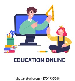 Online mathematics lesson for pupils and students. Video course, distance education, web seminar, internet class, personal teacher service with female mentor. Vector flat characters in trendy style