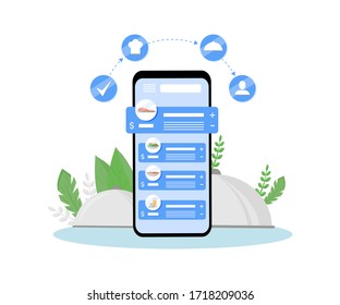 Online meals buying and delivery order mobile application flat concept vector illustration. Catering, food cooking online ordering. Internet restaurant menu, nutrition preparation creative idea