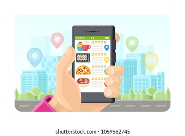 Online meals search phone application concept in flat style