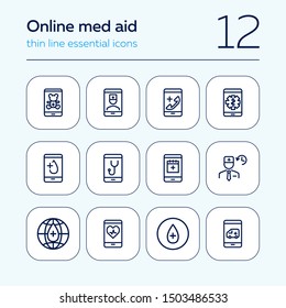 Online med aid icon set. Line icons collection on white background. Smartphone, doctor, gadget. Telemedicine concept. Can be used for topics like interface, healthcare service, medicine