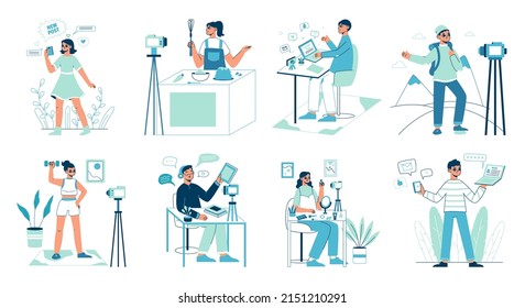 Online media blogs, makeup, travel, and food bloggers. Internet content, photo and video creators vector symbols illustration set. Bloggers collection