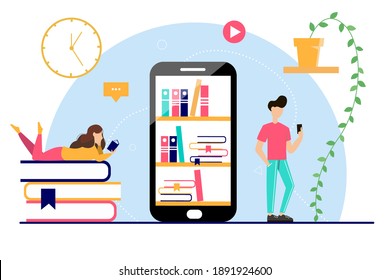 Online Media Library. Cartoon People Reading An E-book. Vector Illustration Of Online Education.